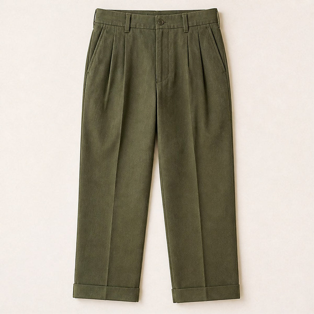 Napoli Pleated Cotton Trousers — Olive